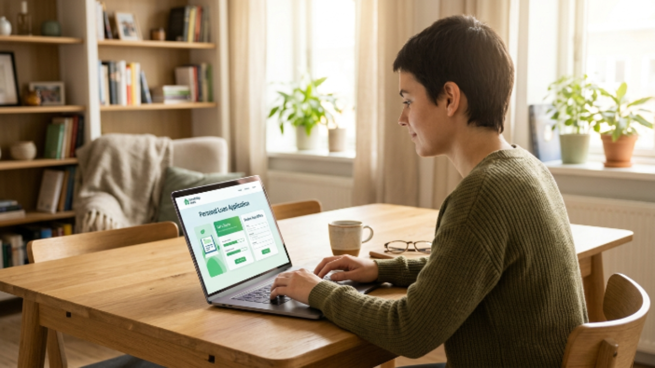 pessoa usando notebook para solicitar empréstimo pessoal online em casa com expressão tranquila