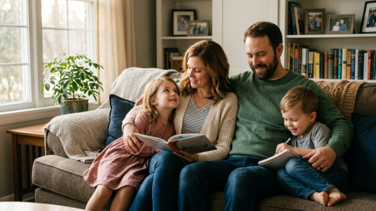 família feliz reunida em casa representando proteção e segurança do seguro de vida nubank