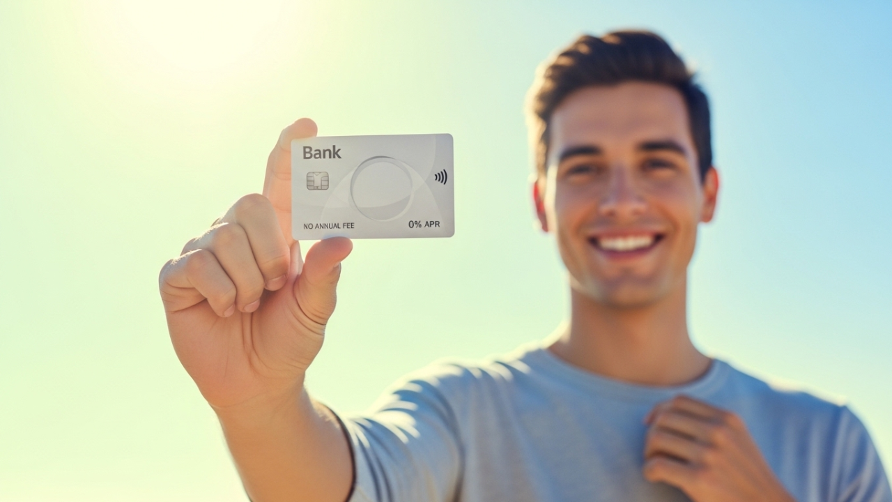 cartão de crédito sem anuidade na mão de uma pessoa sorrindo com fundo verde claro