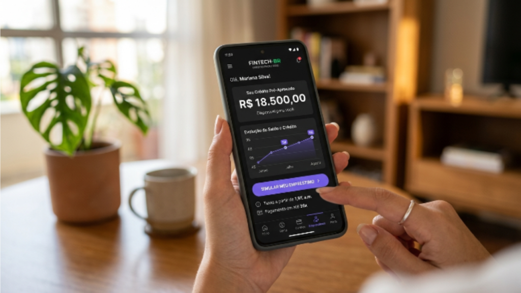 smartphone exibindo aplicativo de banco digital com simulação de empréstimo pessoal online