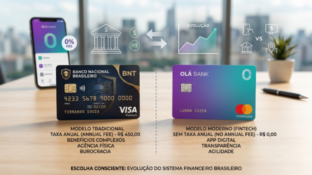 comparação entre cartão de crédito com anuidade e sem anuidade em uma mesa