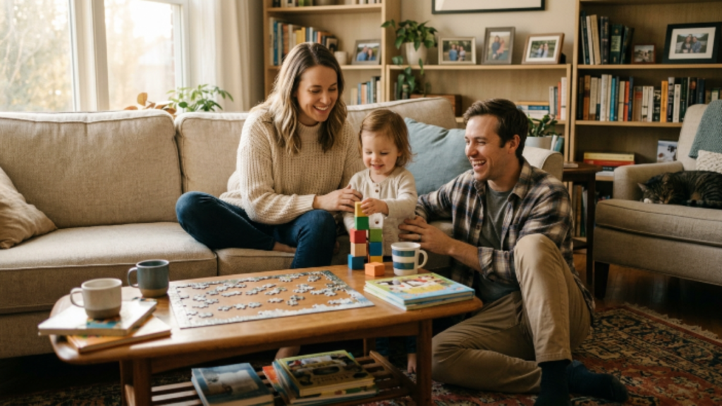 família unida sorrindo em casa sentindo segurança e proteção do seguro de vida nubank