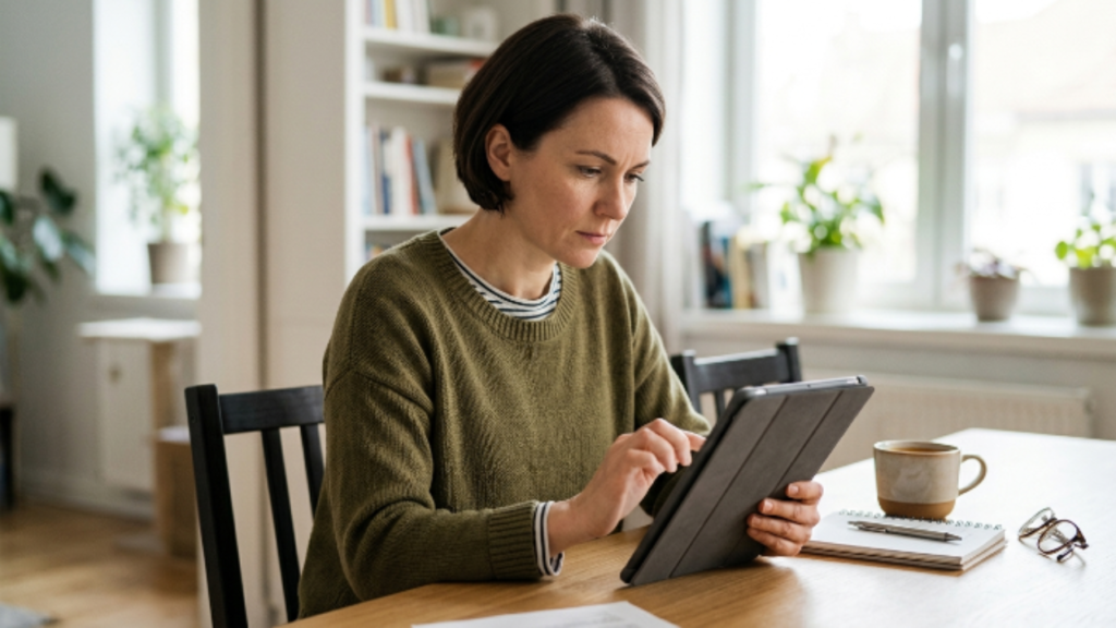 pessoa lendo contrato de empréstimo pessoal online no tablet com atenção e cuidado