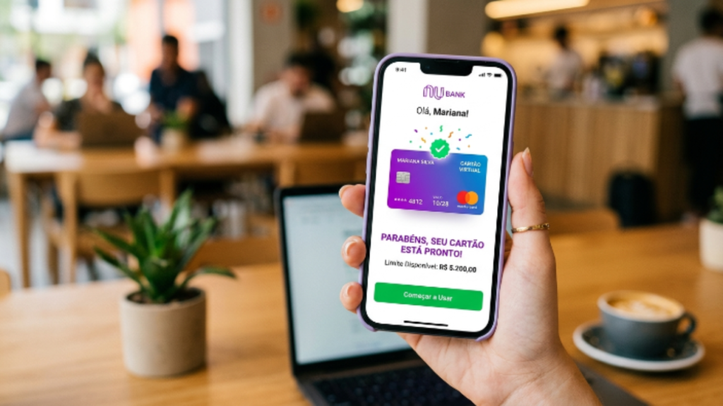 smartphone com aplicativo de banco digital exibindo cartão de crédito sem anuidade