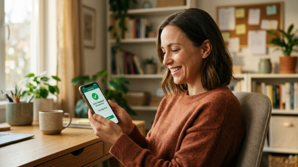 pessoa sorrindo aliviada olhando para o celular após aprovação de empréstimo pessoal online