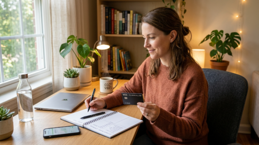 pessoa organizando finanças pessoais com cartão de crédito sem anuidade e caderno na mesa