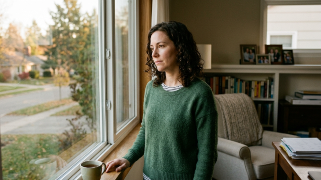 pessoa pensativa olhando pela janela refletindo sobre a importância do seguro de vida nubank para a família