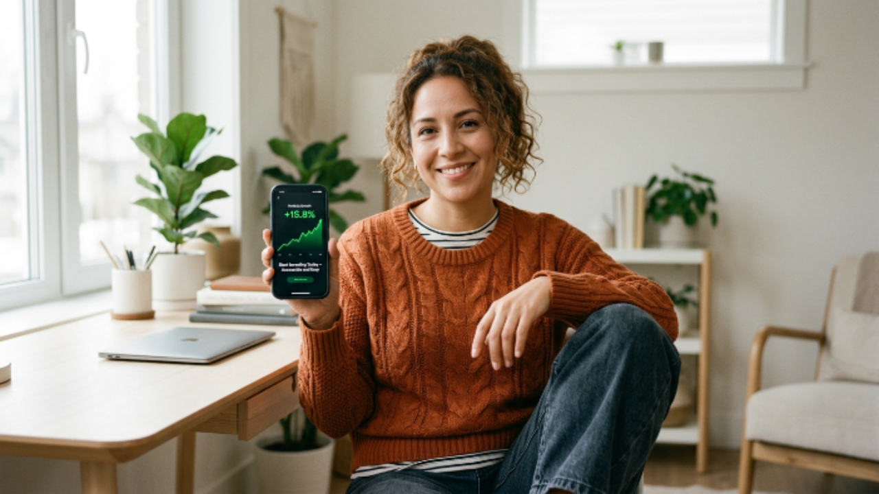 pessoa jovem sorrindo olhando para o celular acompanhando rendimento do tesouro direto com satisfação