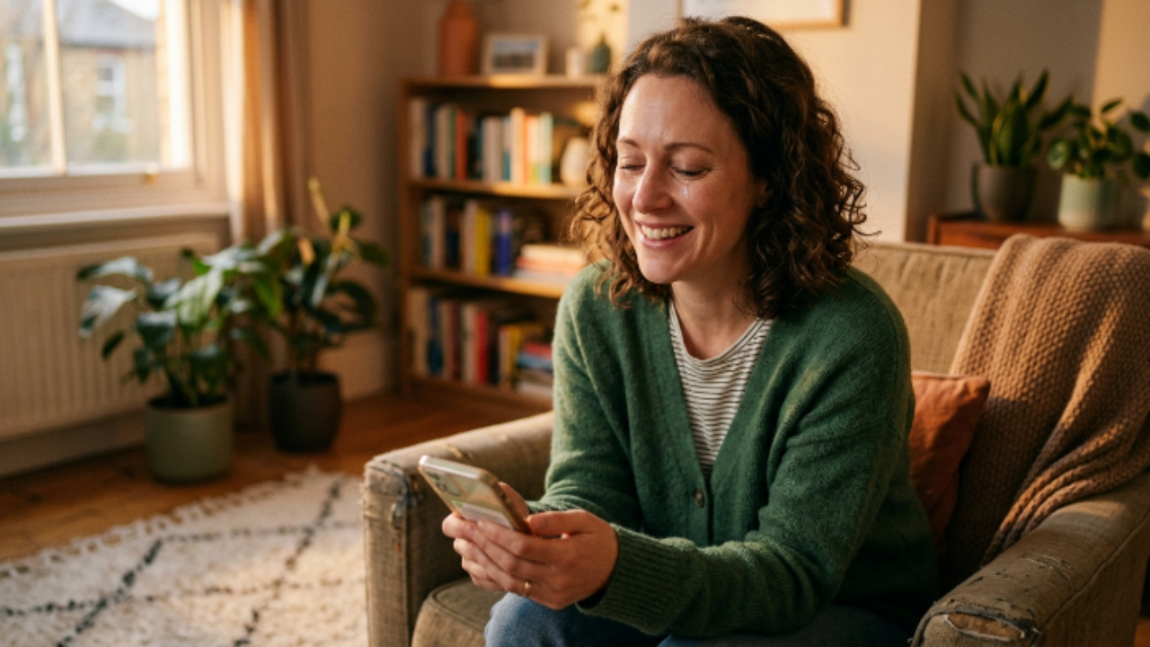 pessoa negativada sorrindo aliviada segurando celular após abrir conta digital com esperança de recomeço financeiro