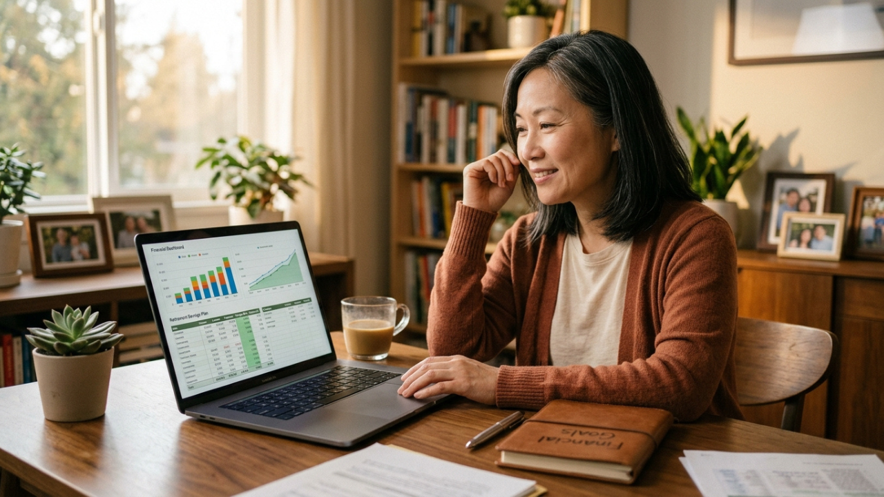pessoa sorrindo organizando planejamento financeiro pessoal com notebook e planilha em casa com expressão de controle e tranquilidade