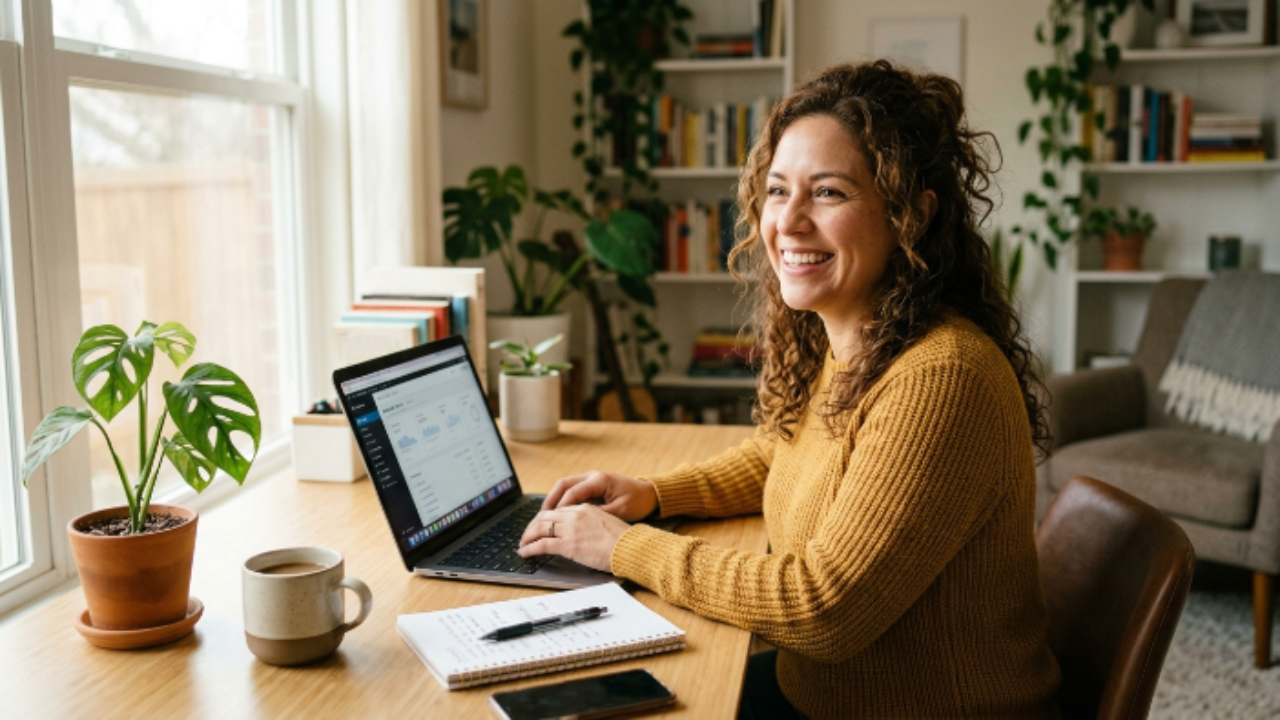 pessoa sorrindo trabalhando no notebook em casa gerando renda extra com ambiente organizado e iluminado