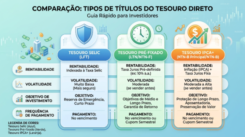 gráfico comparativo entre tesouro selic tesouro prefixado e tesouro IPCA para investidores iniciantes