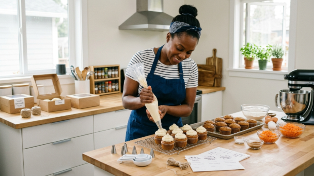 mulher preparando doces e salgados caseiros na cozinha para vender como renda extra em casa