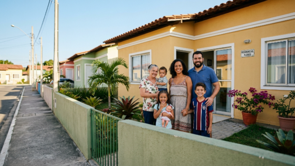 família feliz em frente à casa nova conquistada pelo programa minha casa minha vida e financiamento imobiliário