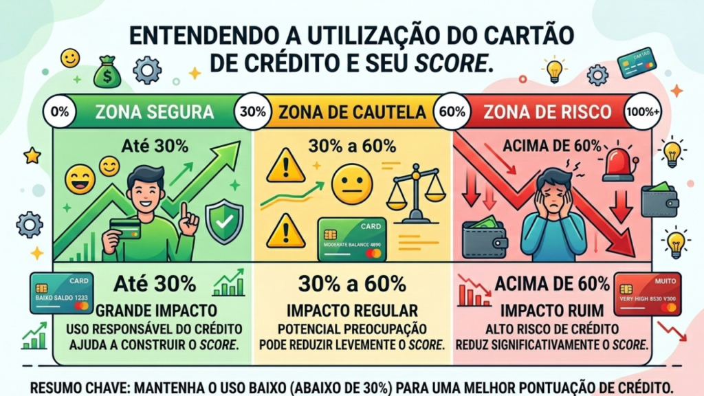 gráfico explicando como o uso excessivo do limite do cartão de crédito faz o score de crédito baixar