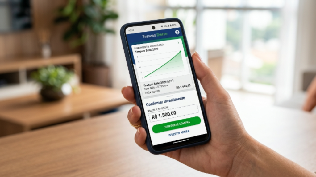 pessoa usando celular para investir no tesouro direto pelo aplicativo de forma simples e segura