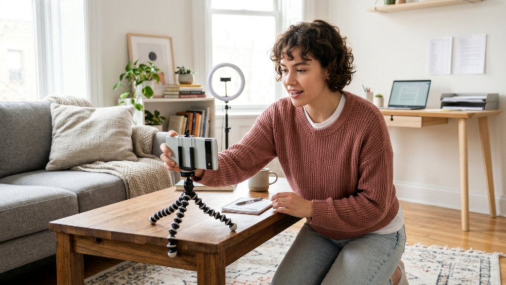 pessoa gravando vídeo para redes sociais em casa como forma de renda extra online