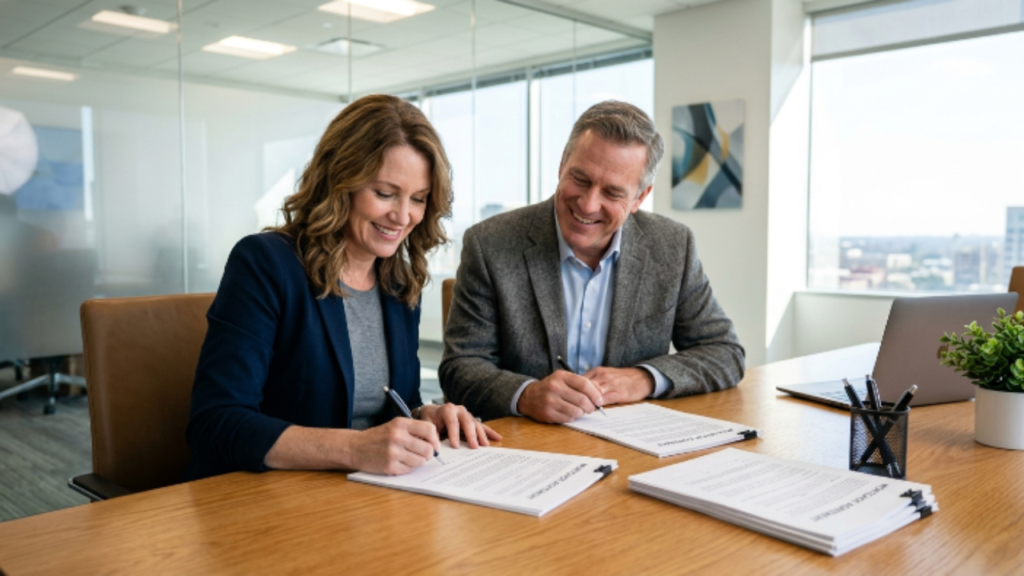 casal assinando contrato de financiamento imobiliário em banco com expressão de tranquilidade e segurança