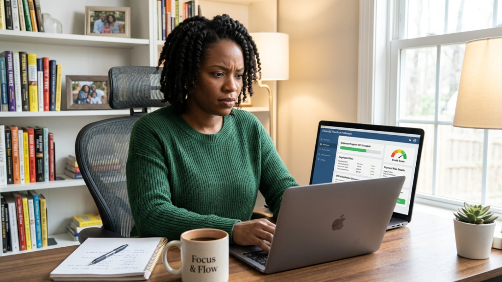pessoa negativada usando notebook para negociar dívida online no serasa limpa nome e recuperar crédito