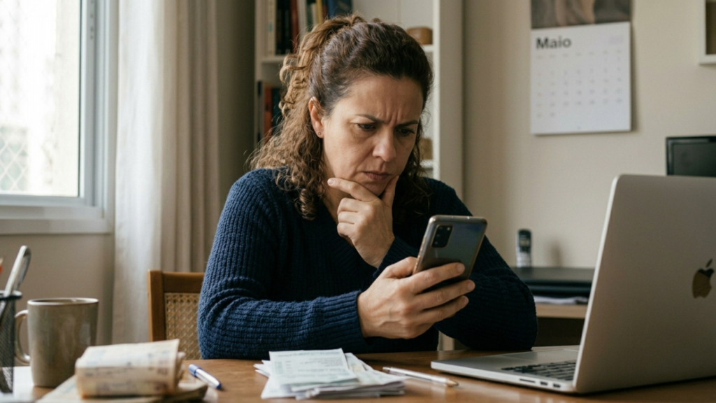 pessoa verificando no celular o que faz o score baixar e se preocupando com pontuação de crédito inesperadamente baixa
