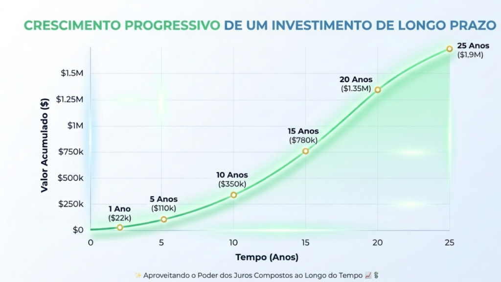 gráfico mostrando crescimento de investimentos ao longo do tempo com planejamento financeiro de longo prazo