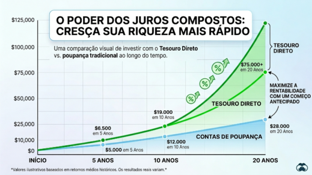gráfico mostrando crescimento do investimento no tesouro direto comparado à poupança ao longo dos anos