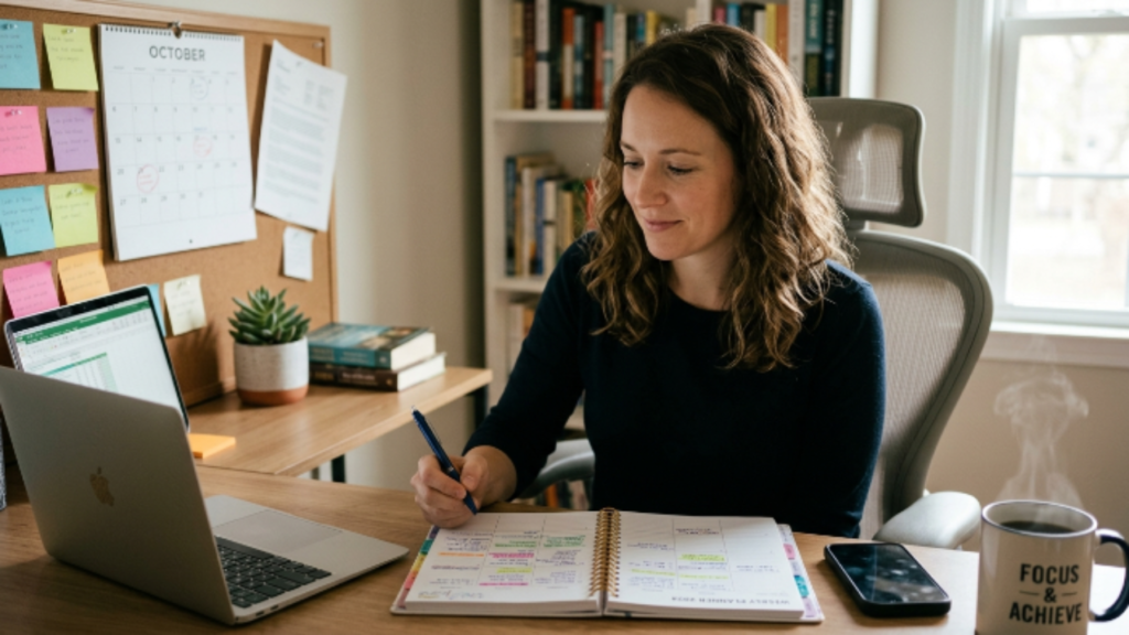pessoa organizando agenda e planejamento para conciliar trabalho e renda extra em casa