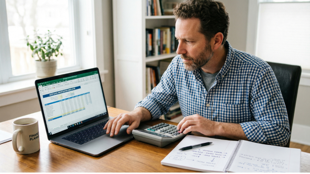 pessoa calculando amortização do financiamento imobiliário com notebook calculadora e caderno de anotações
