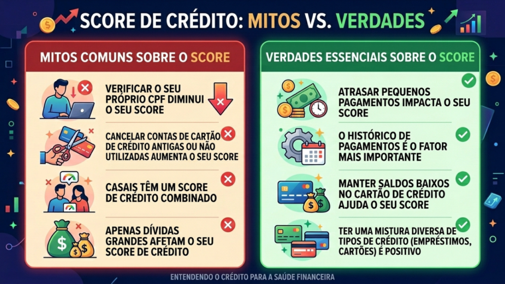 infográfico com mitos e verdades sobre o que faz o score de crédito baixar de forma clara e visual
