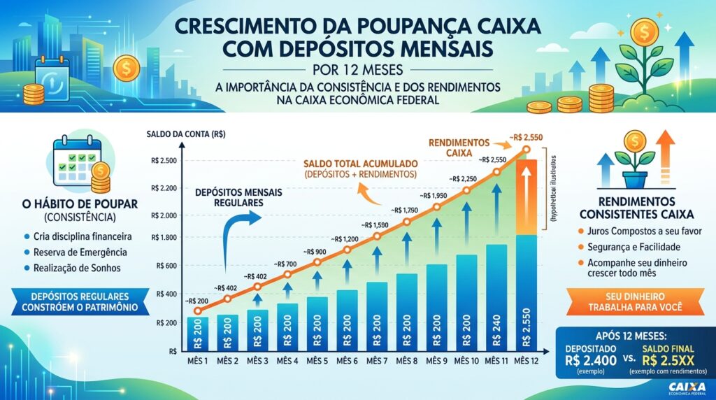 Gráfico mostrando o crescimento do saldo na conta poupança Caixa com depósitos mensais regulares ao longo de 12 meses
