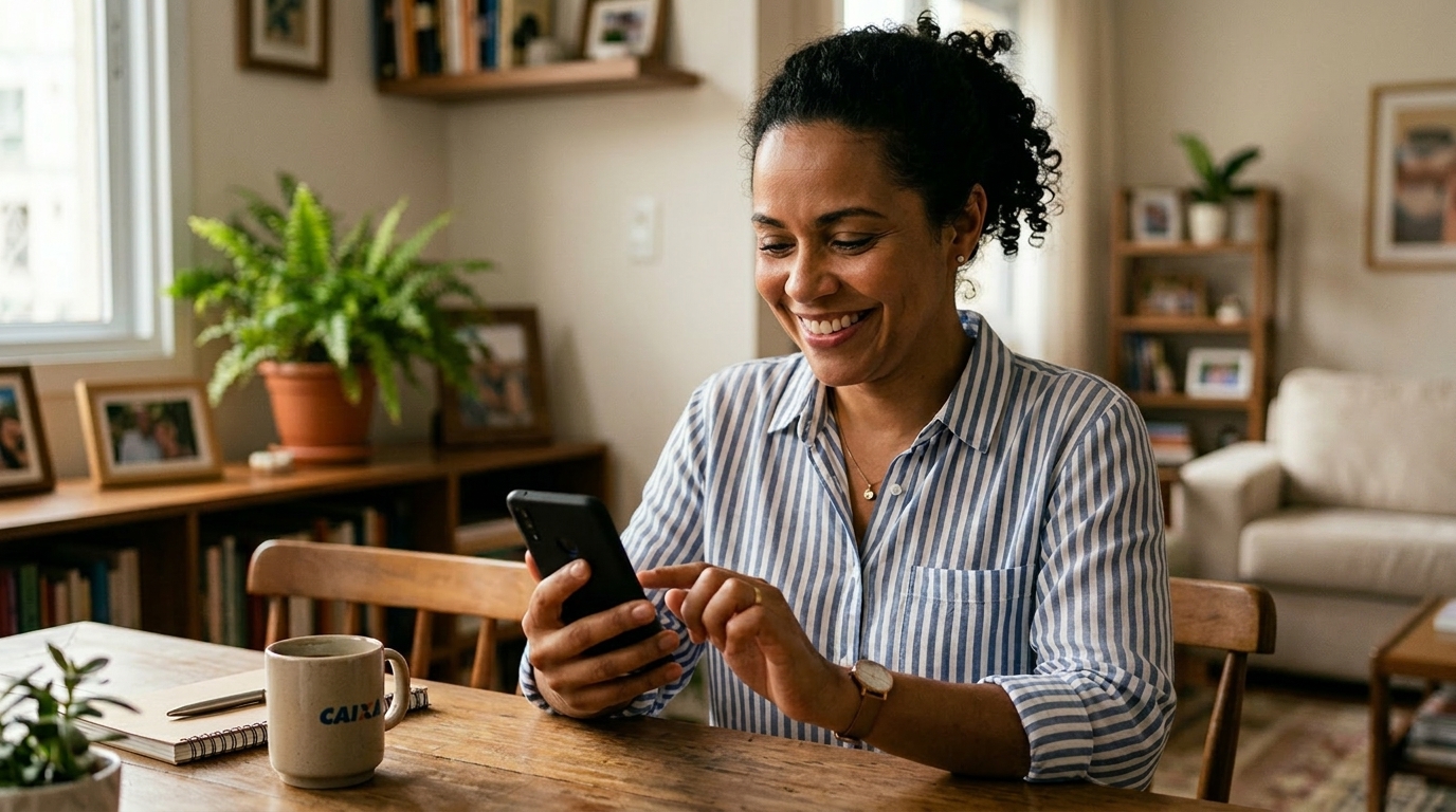 Mulher sorrindo ao abrir conta poupança Caixa pelo aplicativo Caixa Tem no celular