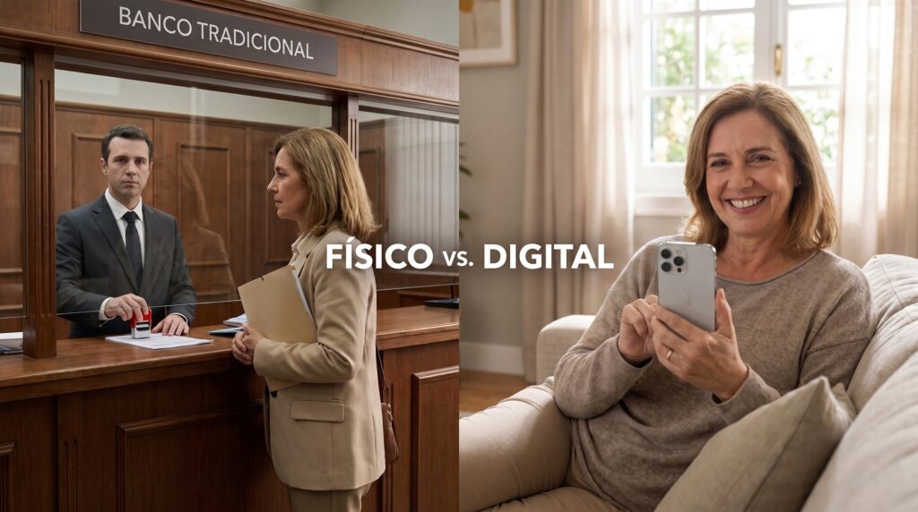 Comparação visual entre o balcão de um banco tradicional e o aplicativo de um banco digital no celular