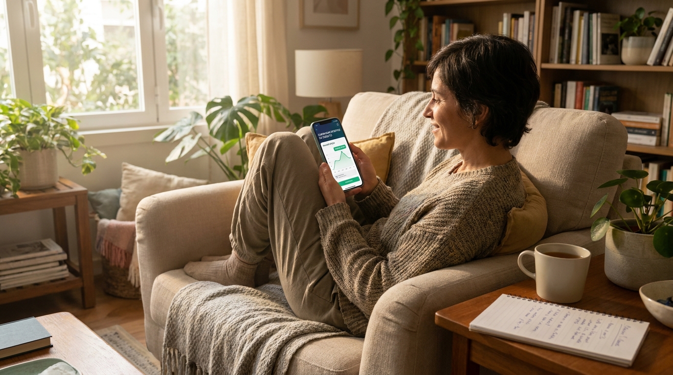 Pessoa sorridente simulando um empréstimo pessoal online no celular, sentada no sofá de casa