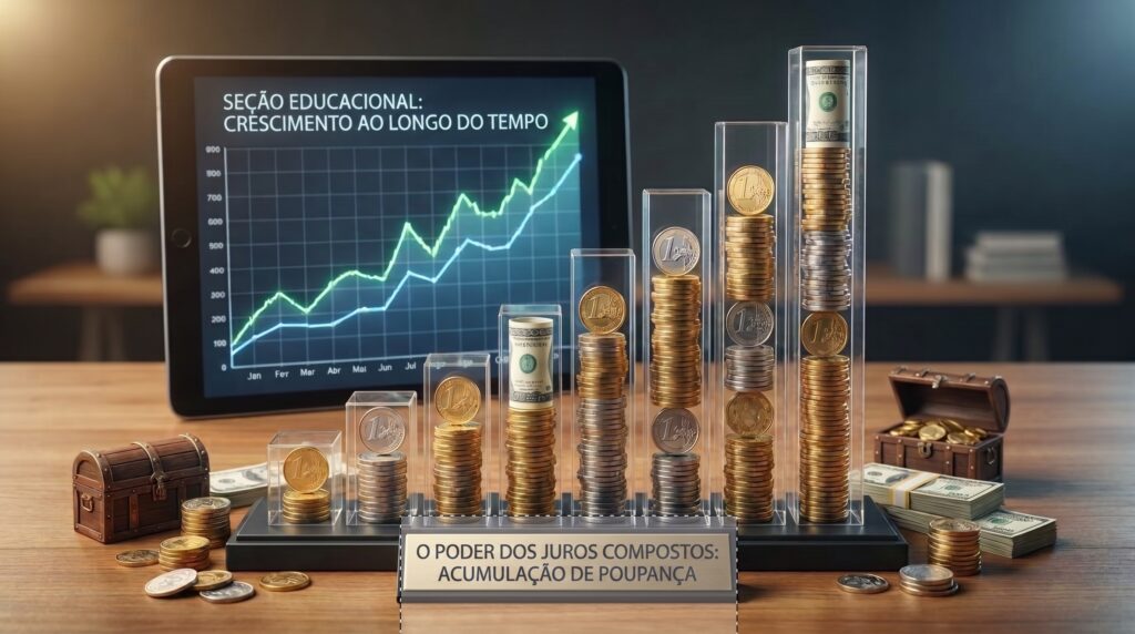 Gráfico de crescimento do rendimento mensal da poupança ao lado de moedas