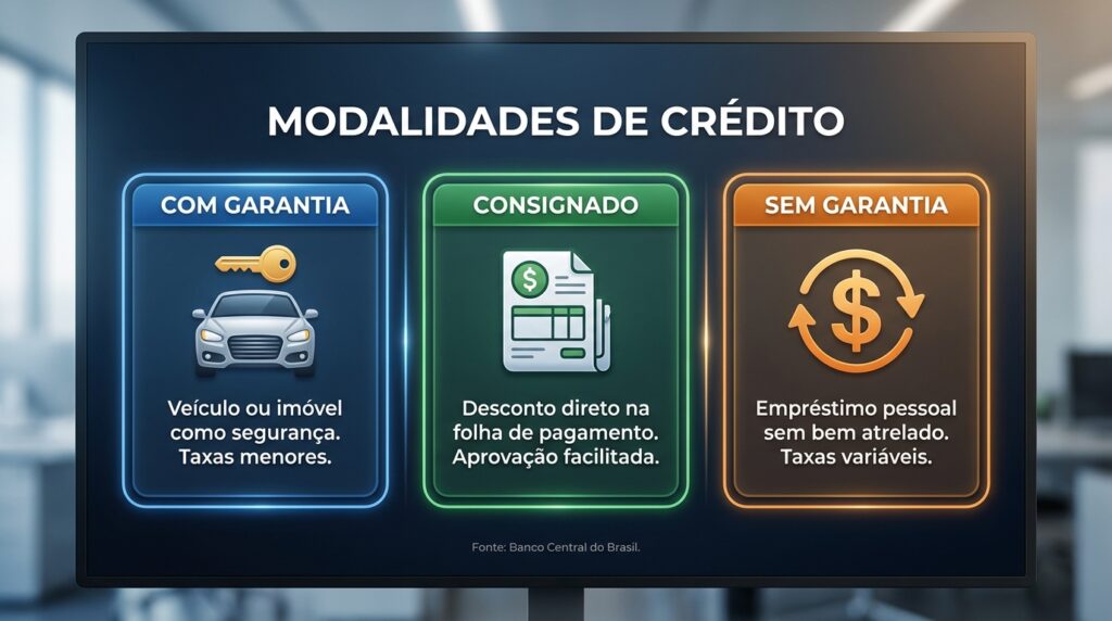 Comparação visual entre empréstimo com garantia, sem garantia e consignado, representados por ícones distintos