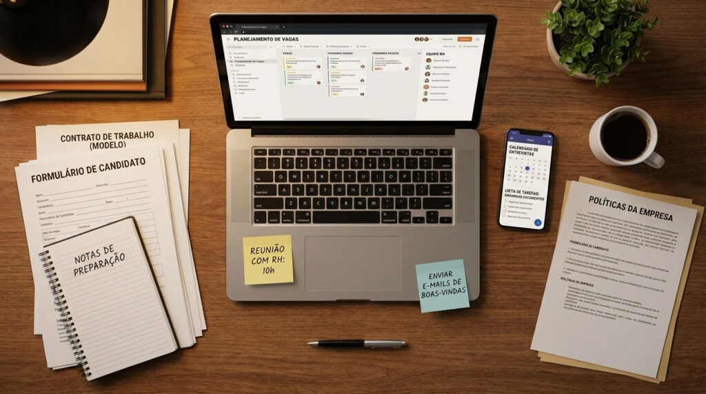 Documentos pessoais organizados sobre a mesa ao lado de um notebook aberto, prontos para envio digital