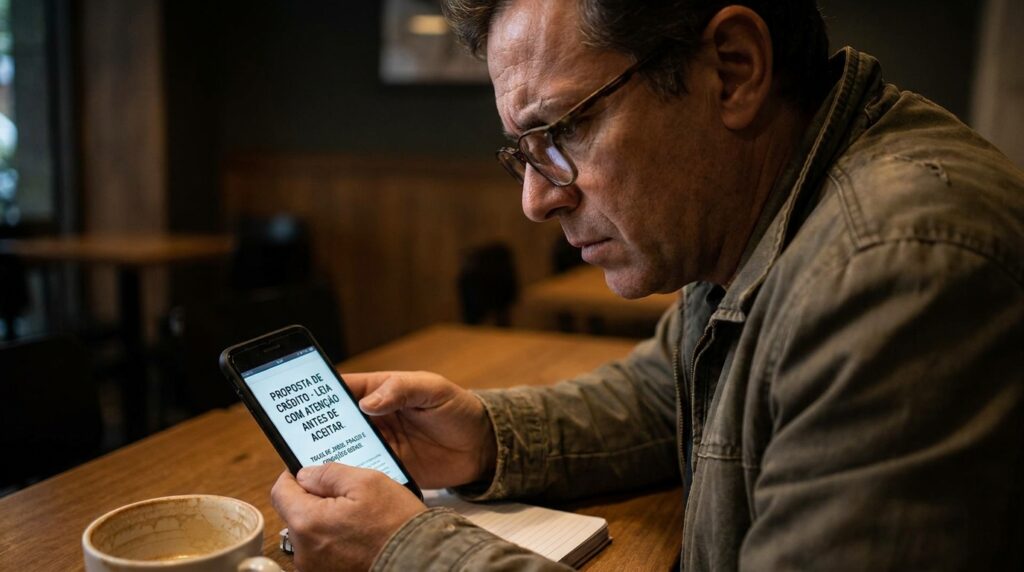 Pessoa lendo atentamente um contrato de empréstimo na tela do celular, com expressão de atenção