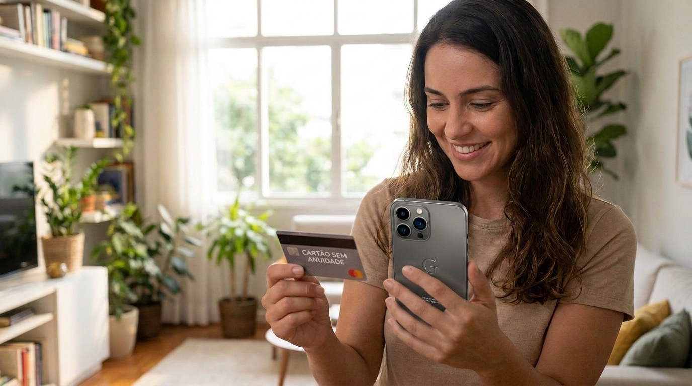 Pessoa sorrindo ao segurar um cartão de crédito sem anuidade ao lado do celular com o app do banco aberto.