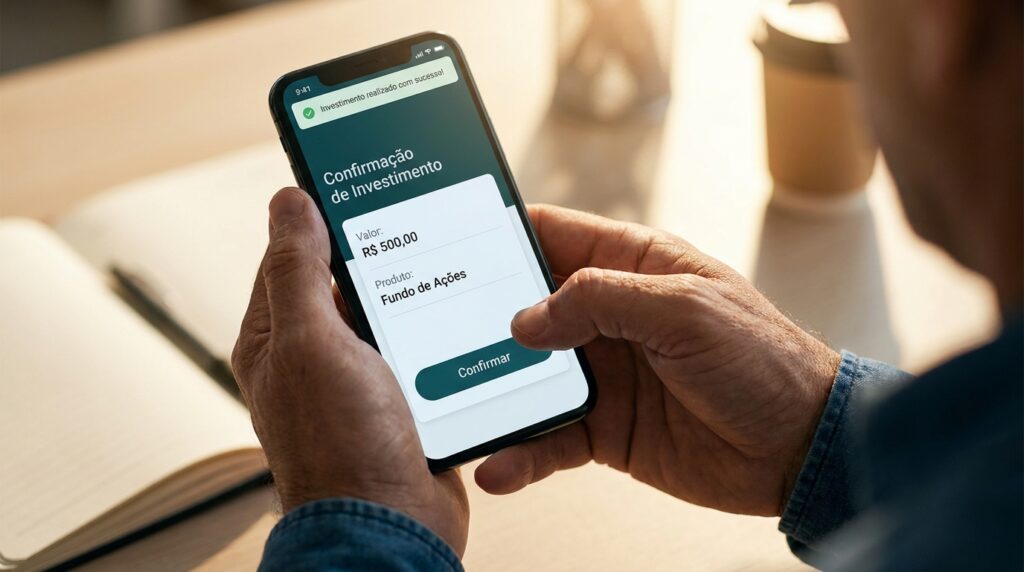 Mãos digitando no celular para concluir a compra de um título público pela corretora