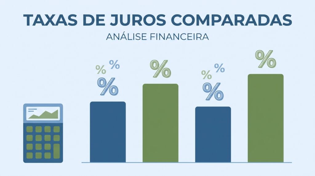 Gráfico de barras comparando taxas de juros de diferentes bancos ao lado de uma calculadora financeira