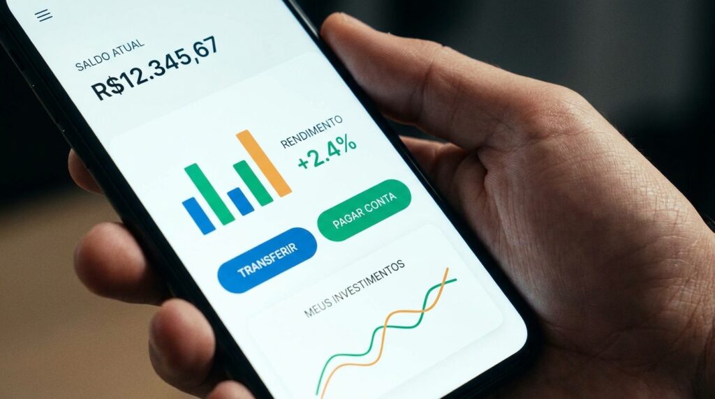 Mão segurando smartphone durante simulação de seguro em aplicativo bancário