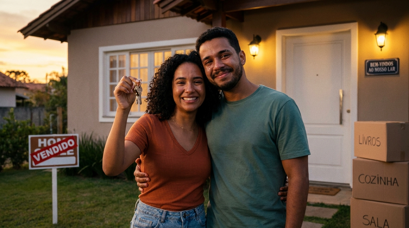 Casal sorridente segurando as chaves da casa própria depois de aprovar o financiamento imobiliário