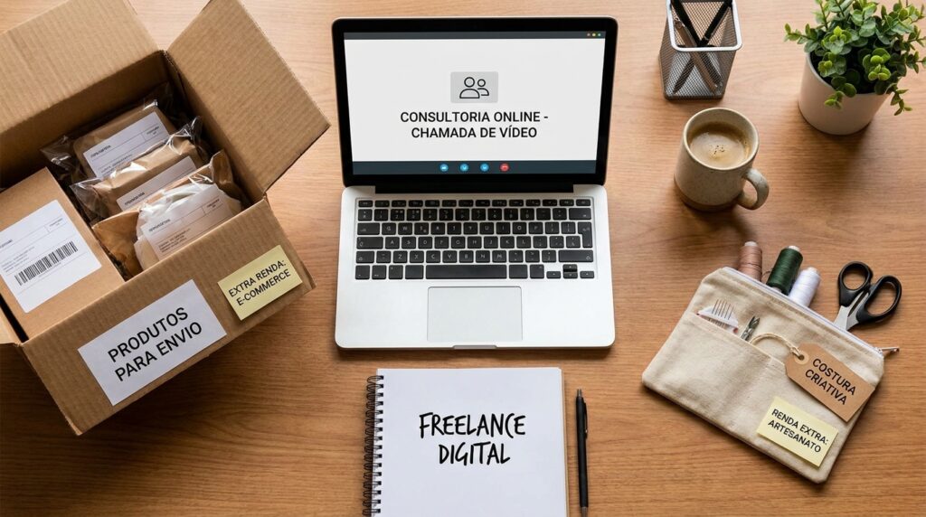 Colagem de atividades caseiras: caixa para envio, aula por vídeo e artesanato feito à mão