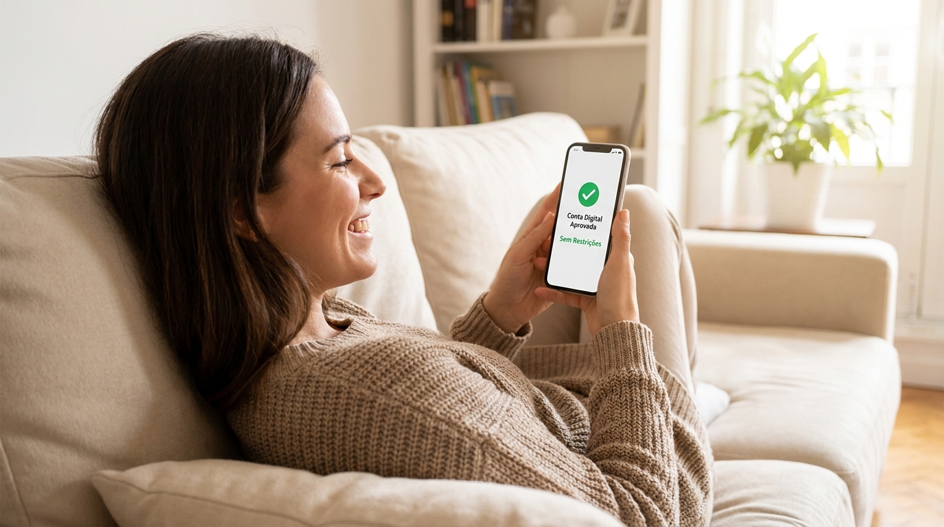 Mulher sorridente segurando o celular, aliviada ao conseguir abrir uma conta digital para negativados
