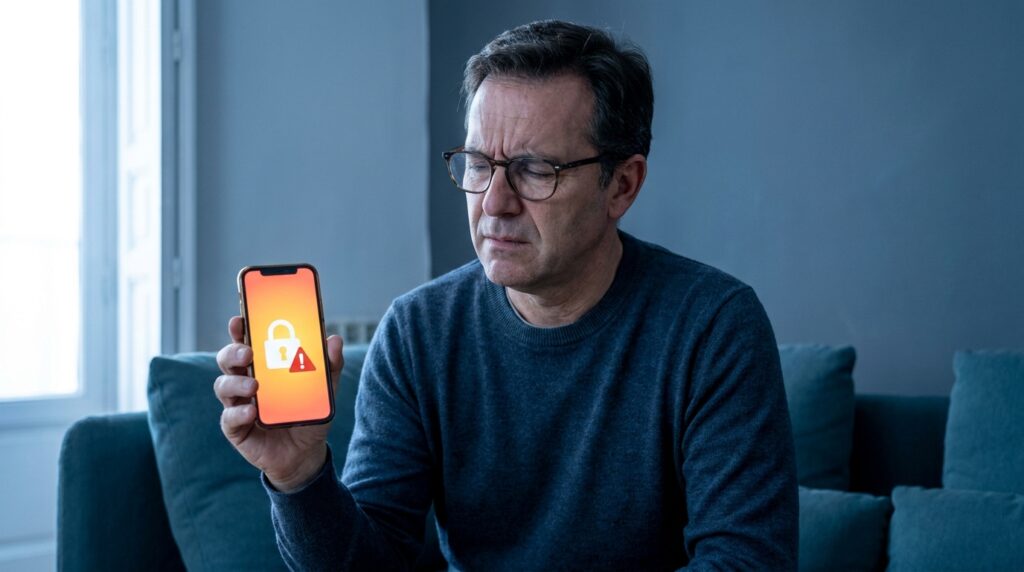 Pessoa observando com atenção uma mensagem suspeita no celular antes de compartilhar dados bancários