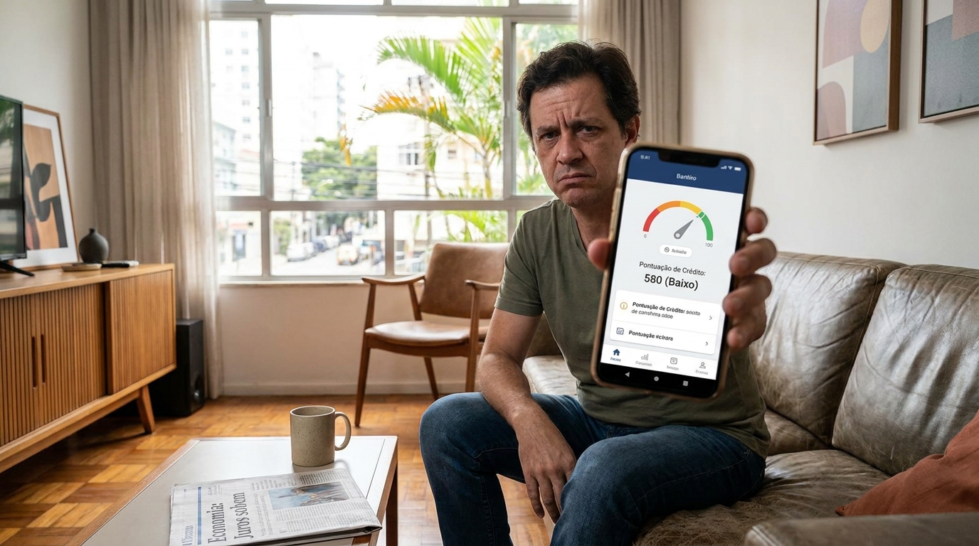 Pessoa preocupada olhando o celular tentando entender o que faz o score baixar de repente