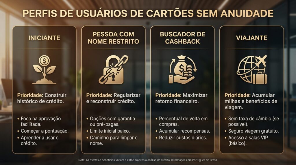 Quatro perfis de pessoas diferentes lado a lado, cada uma associada a um ícone de cartão de crédito.