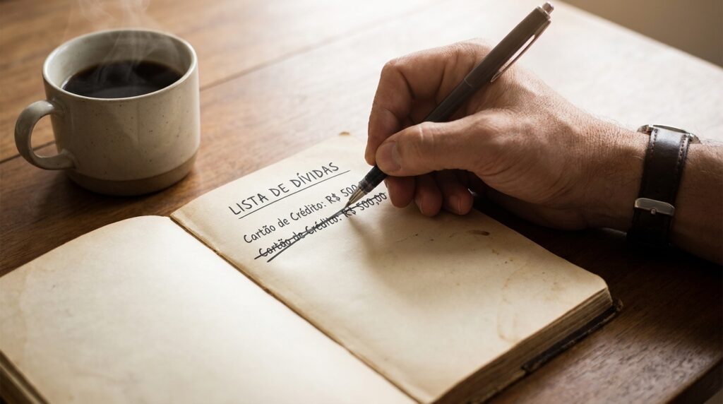 Mão riscando item de lista de dívidas quitadas em um caderno