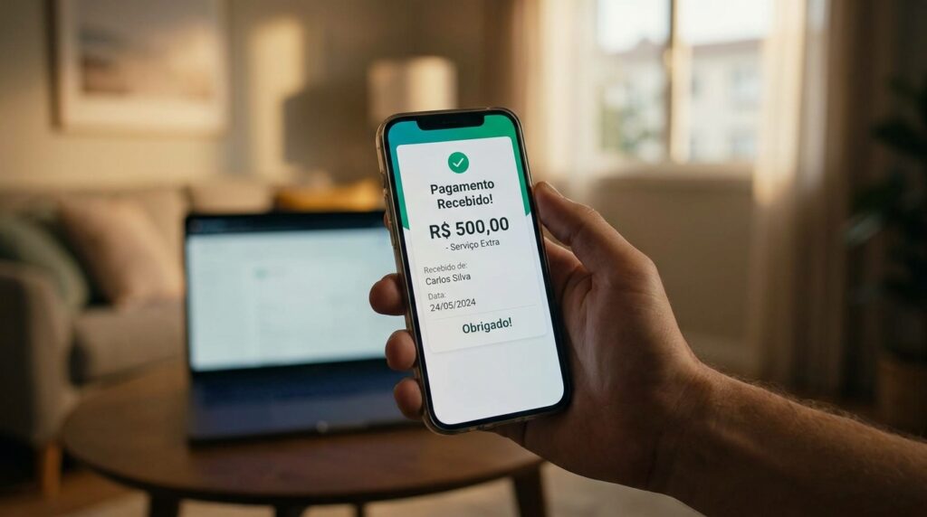 Pessoa conferindo uma notificação de pagamento recebido na tela do celular
