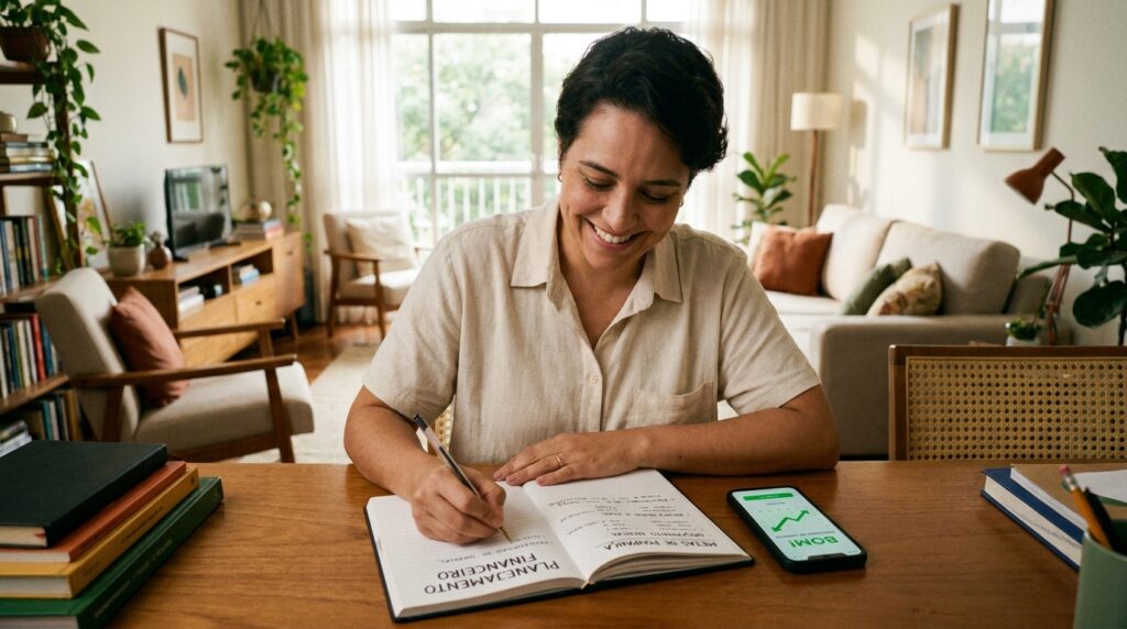 Pessoa sorridente organizando o orçamento doméstico em um caderno para recuperar o score